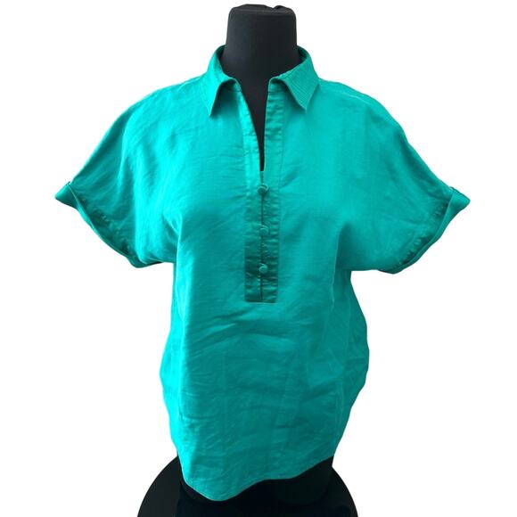CHICO’S | Bright Green Linen Blend Satin Trim Popover Blouse | Size 2 Large - Picture 3 of 7